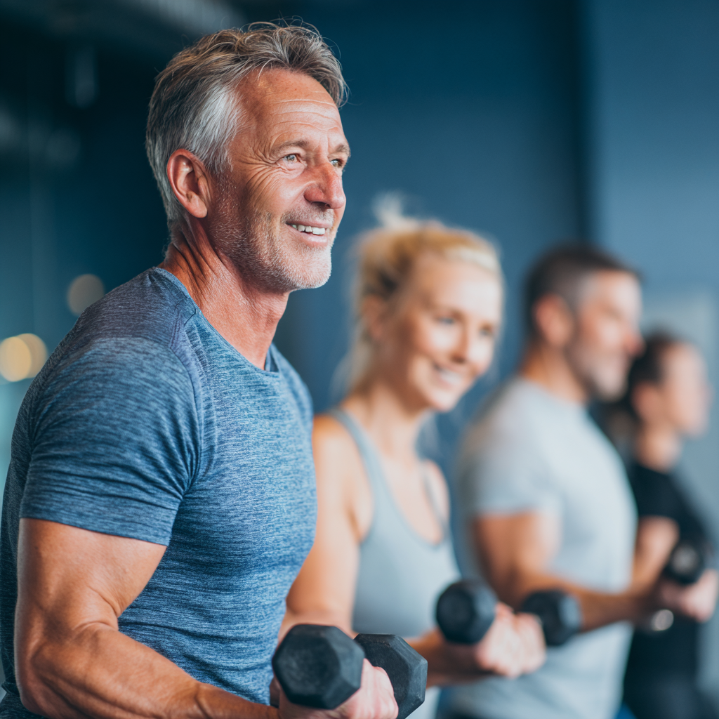 Middle-aged adults participating in functional fitness class with professional trainer